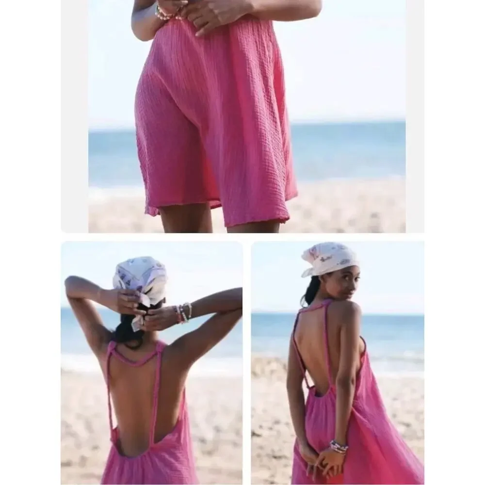 Anthropologie Pink Braided Gauze Halter Beach Dress - M NWT